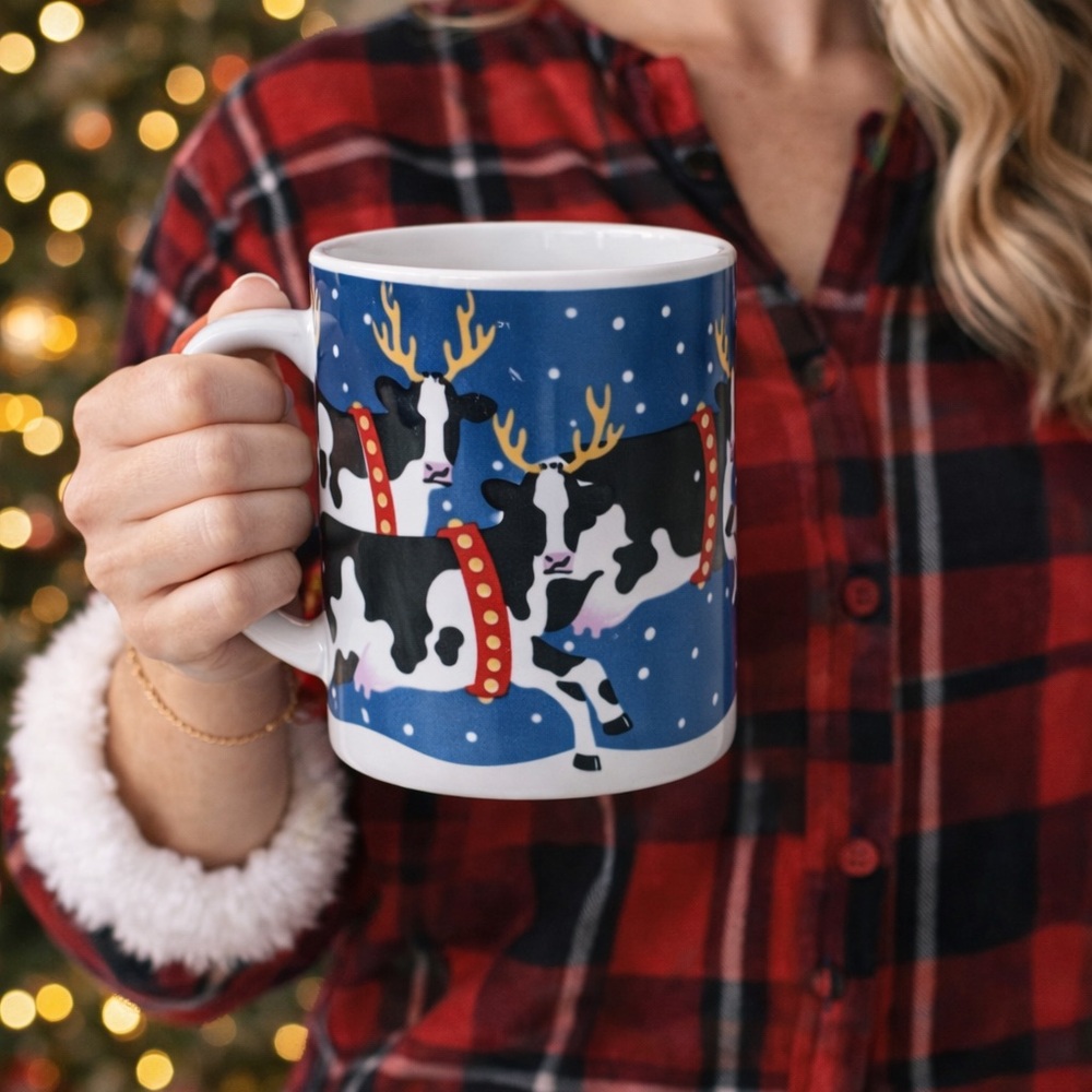 Vandoor‎ 1988 Pelzman Designs Christmas Cow Mug Mooorry Vintage Reindeer Cows